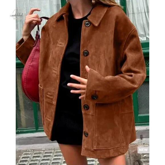 Faux Suede Leather Boyfriend Shacket Midi Long Button Down Casual Coat - Picture 6 of 6